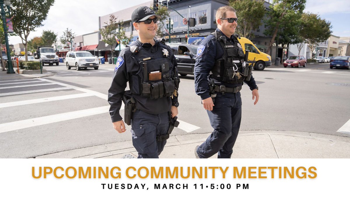 Reminder: Community Meetings on March 11.

📍 Beats 13 &amp; 14: West End Library | 🕔 5:00 PM
📍 Beats 21 &amp; 22: Mastick Senior Center, Room D | 🕔 5:00 PM

To find your beat and information on future meetings, visit: alamedaca.gov/Departments/Po…