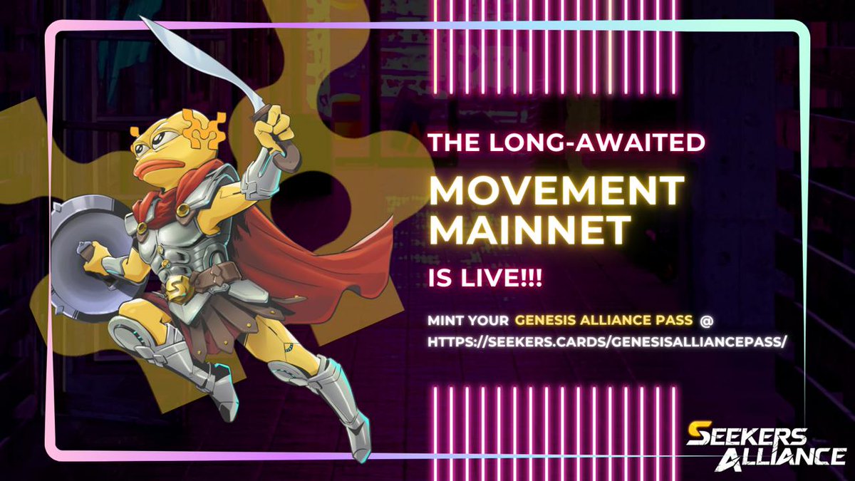 🔥 <a href="/movementlabsxyz/">Movement</a> mainnet is LIVE!!!

🃏 Mint your Genesis Alliance Pass @ seekers.cards/genesisallianc…

📜 Details in pinned Tweet!

#gmove
#SeekersAlliance #BlockchainGaming #TCG
#GenesisAlliancePass
