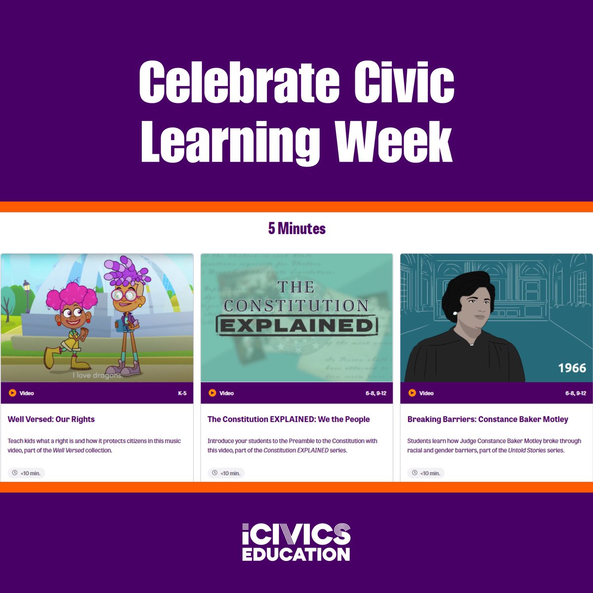 iCivics (@icivics) on Twitter photo Got 5 minutes? ⏰ Bring civics to life in your classroom this Civic Learning Week with our quick and engaging videos perfect for starting classroom discussions! Watch now: hubs.la/Q039-LG80 🤝 <a href="/NationalCLW/">Civic Learning Week</a> Got 5 minutes? ⏰ Bring civics to life in your classroom this Civic Learning Week with our quick and engaging videos perfect for starting classroom discussions! Watch now: hubs.la/Q039-LG80 🤝 <a href="/NationalCLW/">Civic Learning Week</a>