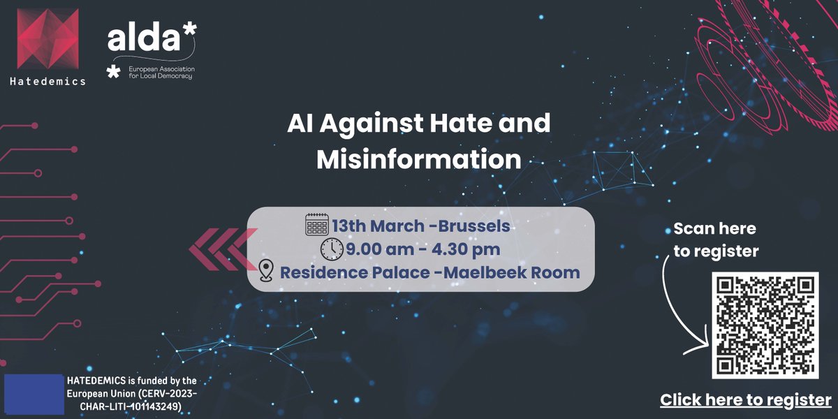 CEAndaluces's tweet image. 🆕 El @CEAndaluces participa en la Conferencia Internacional &apos;AI Against Hate and Misinformation&apos;

El evento, enmarcado en el proyecto europeo Hatedemics, se celebra en Bruselas
📅 Jueves, 13 MARZO
🕘 De 9 a 16:30 horas
centrodeestudiosandaluces.es/noticias/la-fu…

#InvestigaciónCENTRA
#HATEDEMICS.