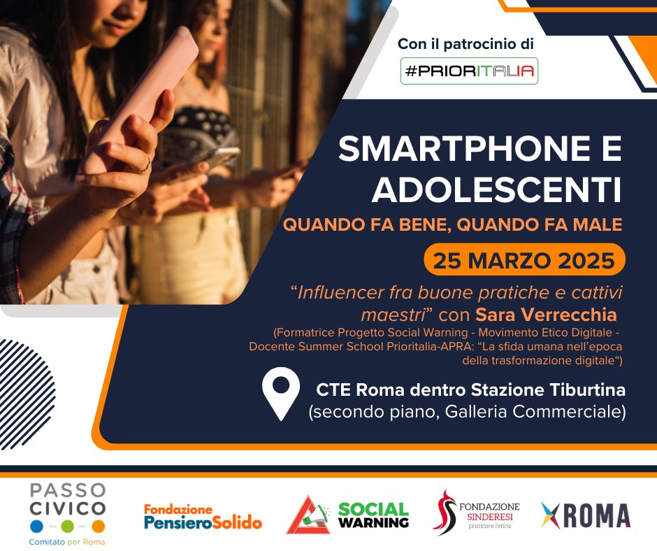 📅 SAVE THE DATE 

Prioritalia patrocina e invita all’evento gratuito “Influencer: tra buone pratiche e cattivi maestri”, parte del ciclo “Smartphone e adolescenti” promosso da <a href="/PassoCivico/">Passo Civico</a>.

👥 Con <a href="/SaraVerrecchia/">Sara Verrecchia</a>, esperta di educazione digitale.

👉 bit.ly/4ixZhBM