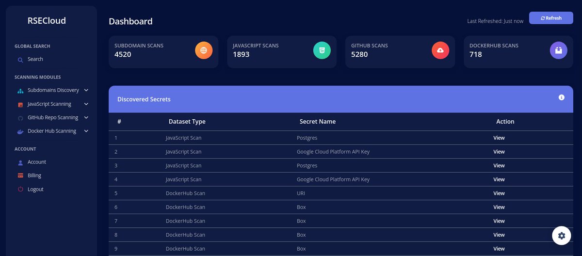 Rsecloud's tweet image. 🔍 Tired of missing subdomains &amp;amp; exposed secrets in JavaScript, GitHub, and DockerHub?

Meet RSECloud, an all-in-one recon &amp;amp; secret scanning powerhouse. Faster &amp;amp; smarter.

Discover what you've been missing. Try the beta now! 
🌐 beta.rsecloud.com

#BugBounty #OSINT