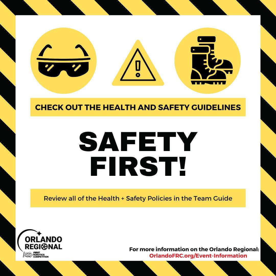 Safety First at FIRST!
Before hitting the competition floor, review the team guide and follow safety rules! Wear safety glasses and closed-toed shoes in pits &amp; field areas.

More info: buff.ly/3WWETBQ

#SafetyFirst #FIRSTOrlando #MoreThanRobots #OMGRobots #FIRSTRobotics