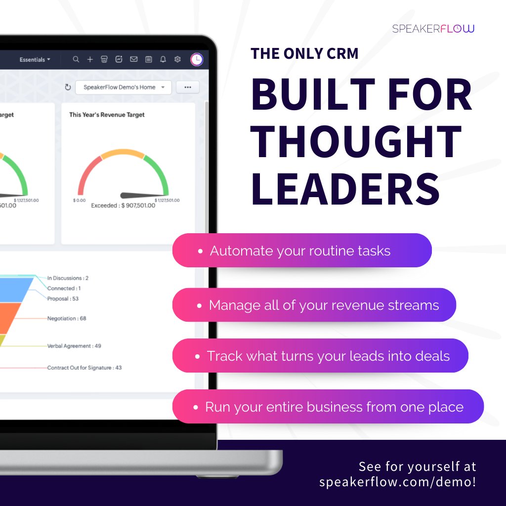 SpeakerFlow's tweet image. 🚀 Staying in Flow as a Speaker or Coach? Your CRM is the Key! 🎤

Having a CRM that’s tailored to your thought leadership business allows you to stay in that flow state by:

⚡️ Automating tasks
🔗 Seamless integration
📊 Insights at your fingertips

#FlowState #SpeakerLife #CRM