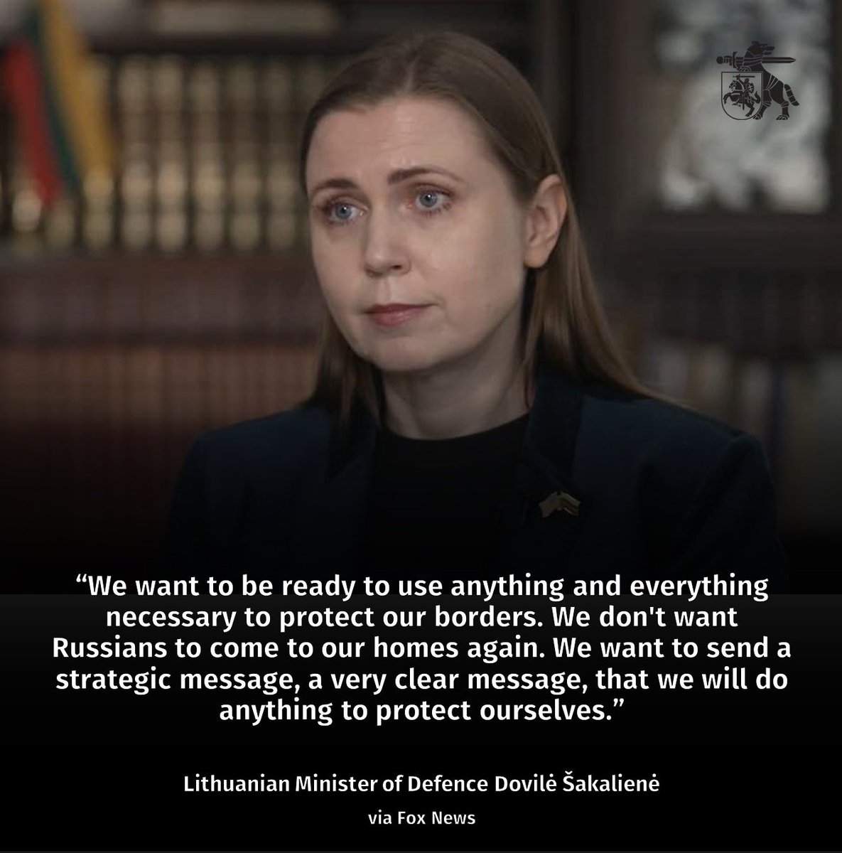 🇱🇹DefMin <a href="/DSakaliene/">Dovilė Šakalienė</a> tells <a href="/FoxNews/">Fox News</a>: Only way to negotiate with Russia is with a 'gun on the table'