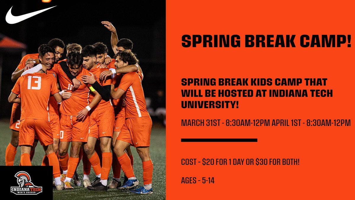SPRING BREAK CAMP❗️❗️❗️

Kids camp hosted this spring break at Indiana Tech University!

Have the opportunity to work with our very own student athletes here at Indiana Tech Men’s Soccer.

Sign up link ➡️ menssoccer.indianatechsportscamps.com/spring-kids-ca…
