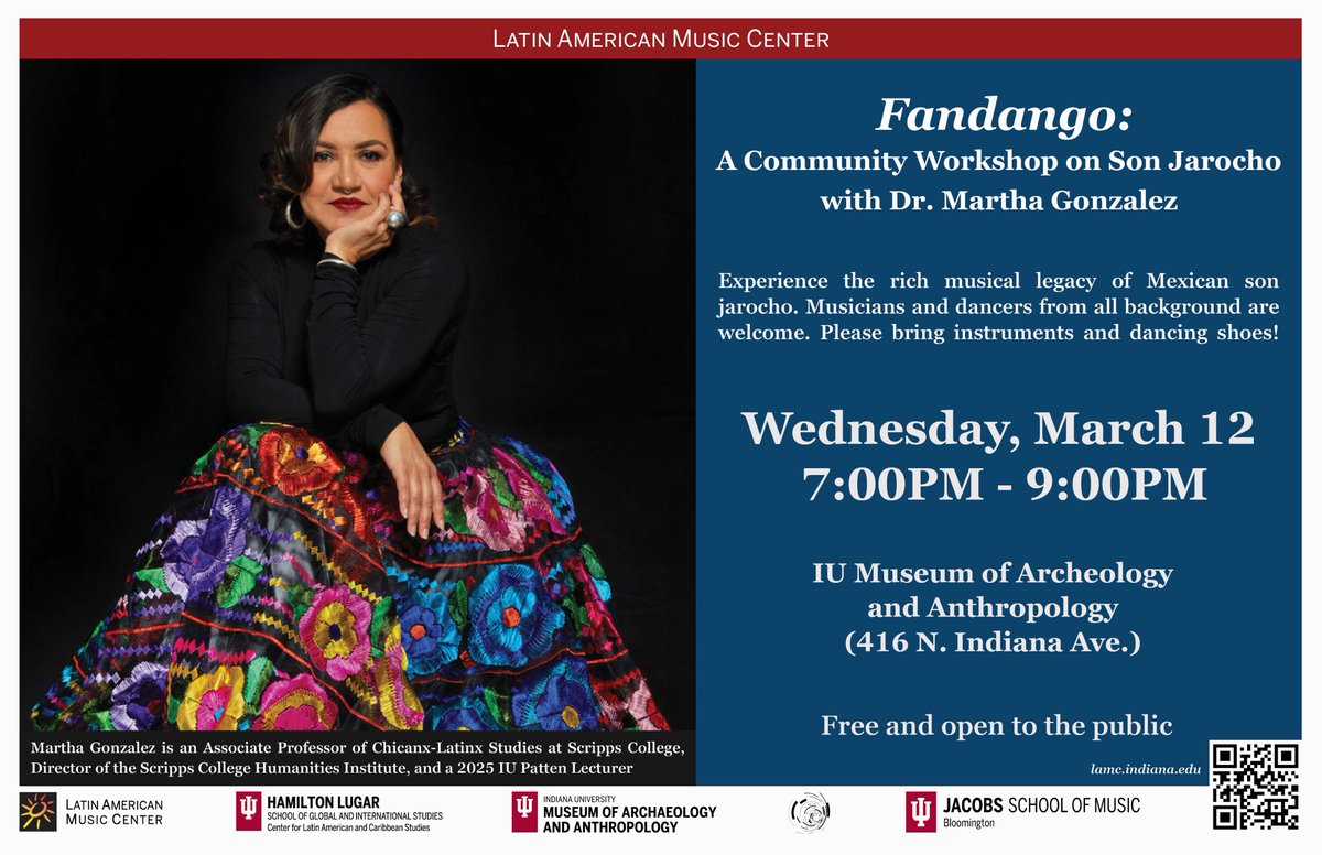 IUCLACS's tweet image. Fandango: A Community Workshop on Son Jarocho with Dr. Martha Gonzalez
This workshop will introduce participants to the rich music, dance, and poetic tradition of Mexican son jarocho.
When: Wednesday, March 12th; 7-9pm
Where: IU Museum of Archeology and Anthropology (IUMAA)