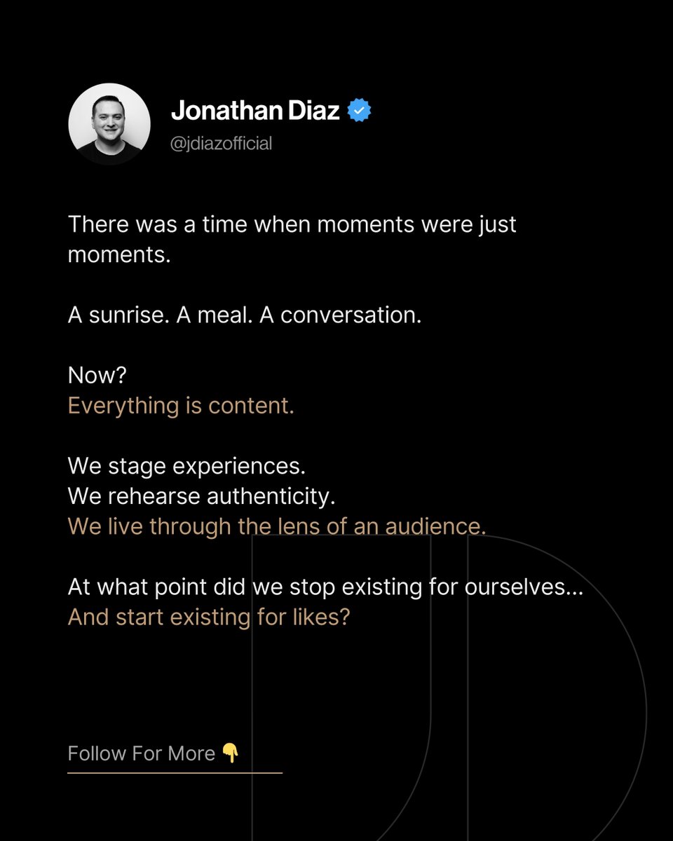 Embrace the hidden moments, the ones no camera can capture. Because if every second is a spectacle, when do we truly live? Invite authenticity, be in the moment, live it - don't capture it!

#EscapeThePerformance #SecretlyAuthentic #UnfilterLife