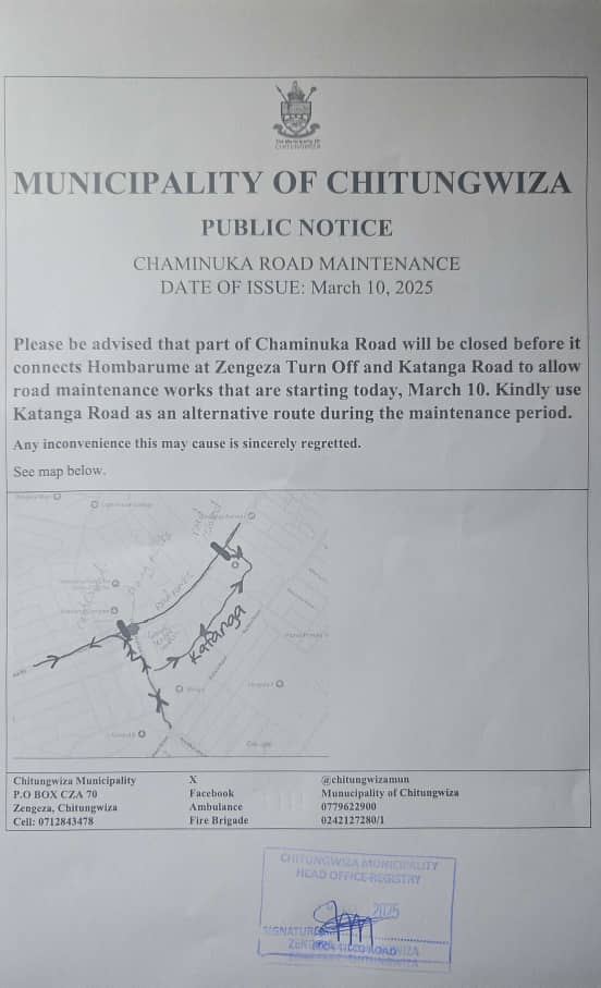 Chaminuka Road Maintenance Notice