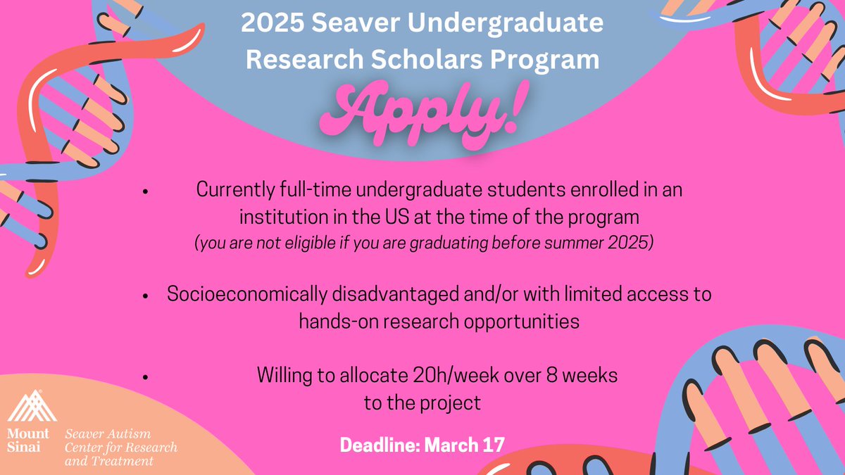 PAID 🤑 opportunity for a broad group of undergraduate scholars to get hands-on research experience. 
✅ Learn new skills, identify academic mentors, &amp; build up your CV, all while participating in cutting-edge research to better understand #autism. Apply: icahn.mssm.edu/files/ISMMS/As…