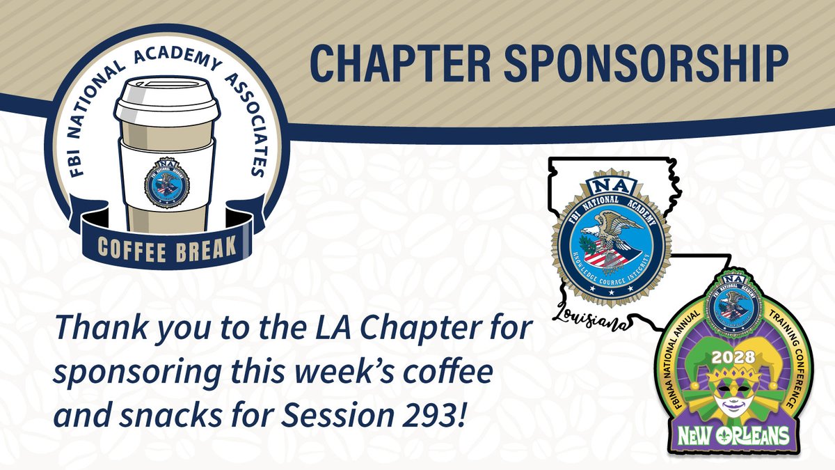 FBINAAQuantico's tweet photo. 🎉 We can’t believe it’s Week 10 and Graduation Week for Session 293! 🎓 A huge thank you to the Louisiana FBINAA Chapter for sponsoring the final week of coffee and snacks for our students! ☕ Your support means the world to us! 🙌 #LouisianaChapter #ThankYou #FBINAA #Session293 https://t.co/YGj7AuCdL8