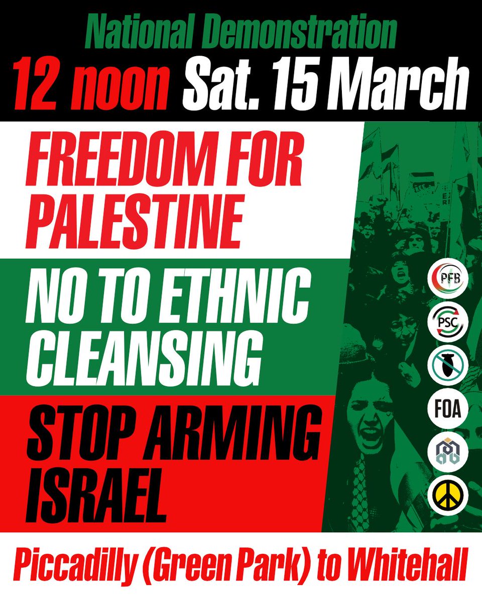 PSCupdates's tweet photo. 🚨 Route confirmed - National demonstration for Palestine
📍 Piccadilly (Green Park) to Whitehall
⏰ 12 noon, Sat, 15 March

The route for the next march for Palestine has been confirmed. We will march from Piccadilly to Whitehall. Join us https://t.co/nHYsN1WYEK