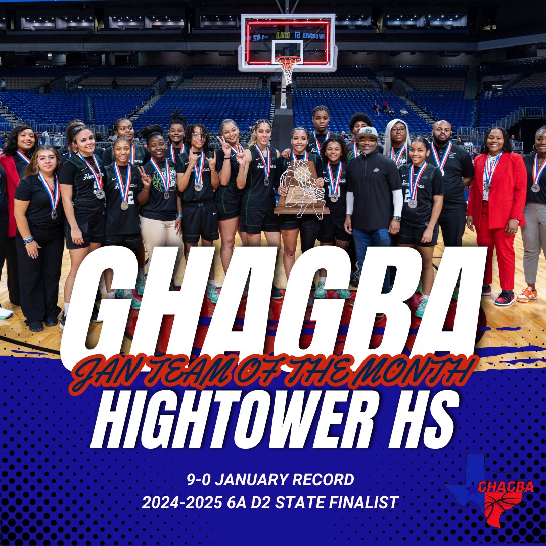 GHAGBA's tweet photo. Congratulations to the Hightower Hurricanes Girls Basketball team on earning January GHAGBA team of the month honors. They went 9-0 in the month of January en route to a 6A division 2 state finalist finish. Congratulations on a great season! @LadyCaneHoops https://t.co/2kNJGpiBk3