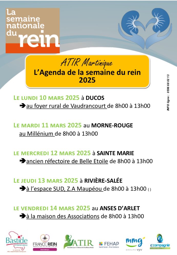 Vos reins sont essentiels ! 🫘 Prenez soin d'eux durant cette Semaine Nationale du Rein, du 08 au 15 Mars ! 
Dépistage gratuit et infos importantes près de chez vous avec nos adhérents. 
 @ATIR Martinique 
#SemaineNationaleDuRein #Martinique #dépistage #prévention #information