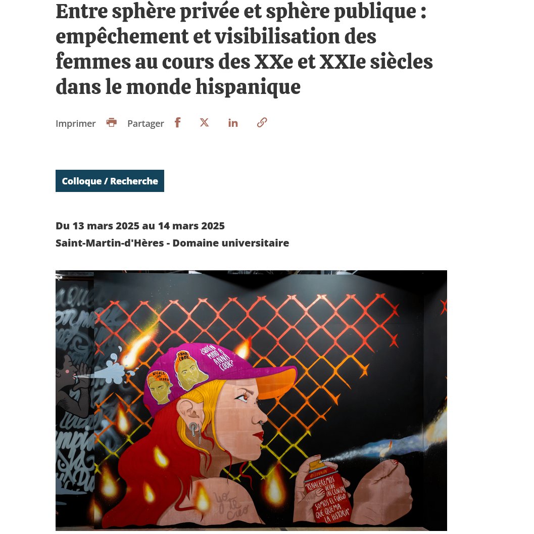 Ce colloque international propose de revenir sur l’évincement des femmes des champs culturels, politiques, historiques ou linguistiques dans le monde hispanique au cours des XXᵉ et XXIᵉ siècles.
🗓️ 13 et 14 mars 2025 (9h00-17h00)
📍 MSH Alpes
Info+ : bit.ly/3FgwpQe