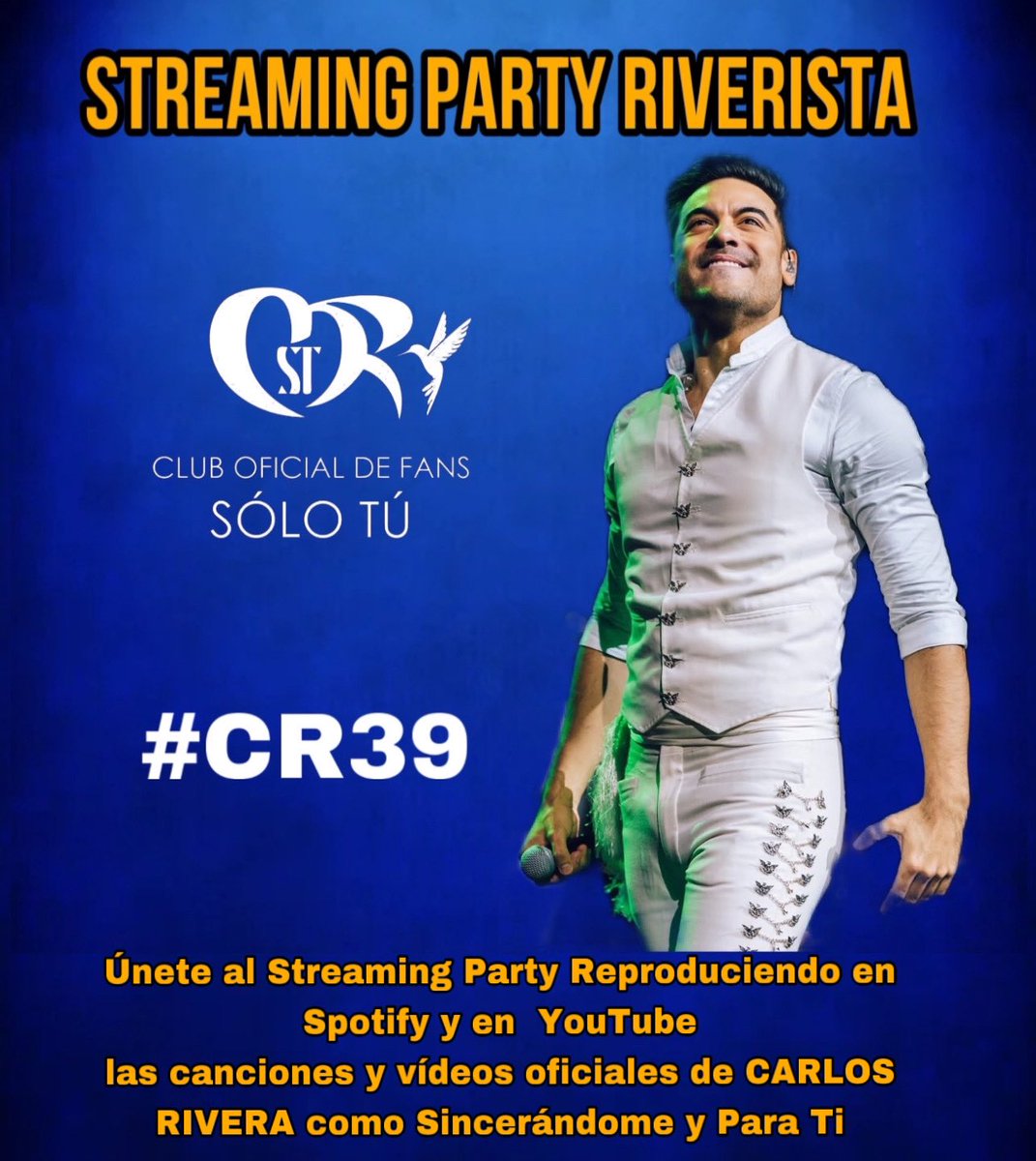 ClubSoloTu's tweet photo. STREAMING PARTY RIVERISTA

#CR39

Únete al Streaming Party Reproduciendo en Spotify y en  YouTube las canciones y vídeos oficiales de CARLOS RIVERA como #Sincerándome y #ParaTi

Todo el mes de Marzo 

@_CarlosRivera @sonymusicmexico @WestWoodEntt 

🔷Subir sus screenshots 👇🏻 https://t.co/M5yHBHbRIx