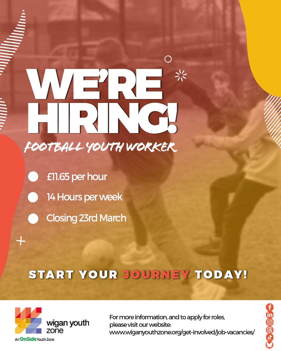 Passionate about football and inspiring young people? Join our team at Wigan Youth Zone! We're looking for a Football Youth Worker to help young people develop their skills on and off the pitch.

🔗wiganyouthzone.org/get-involved/j…

#Hiring #FootballJobs #YouthWork #WiganYouthZone