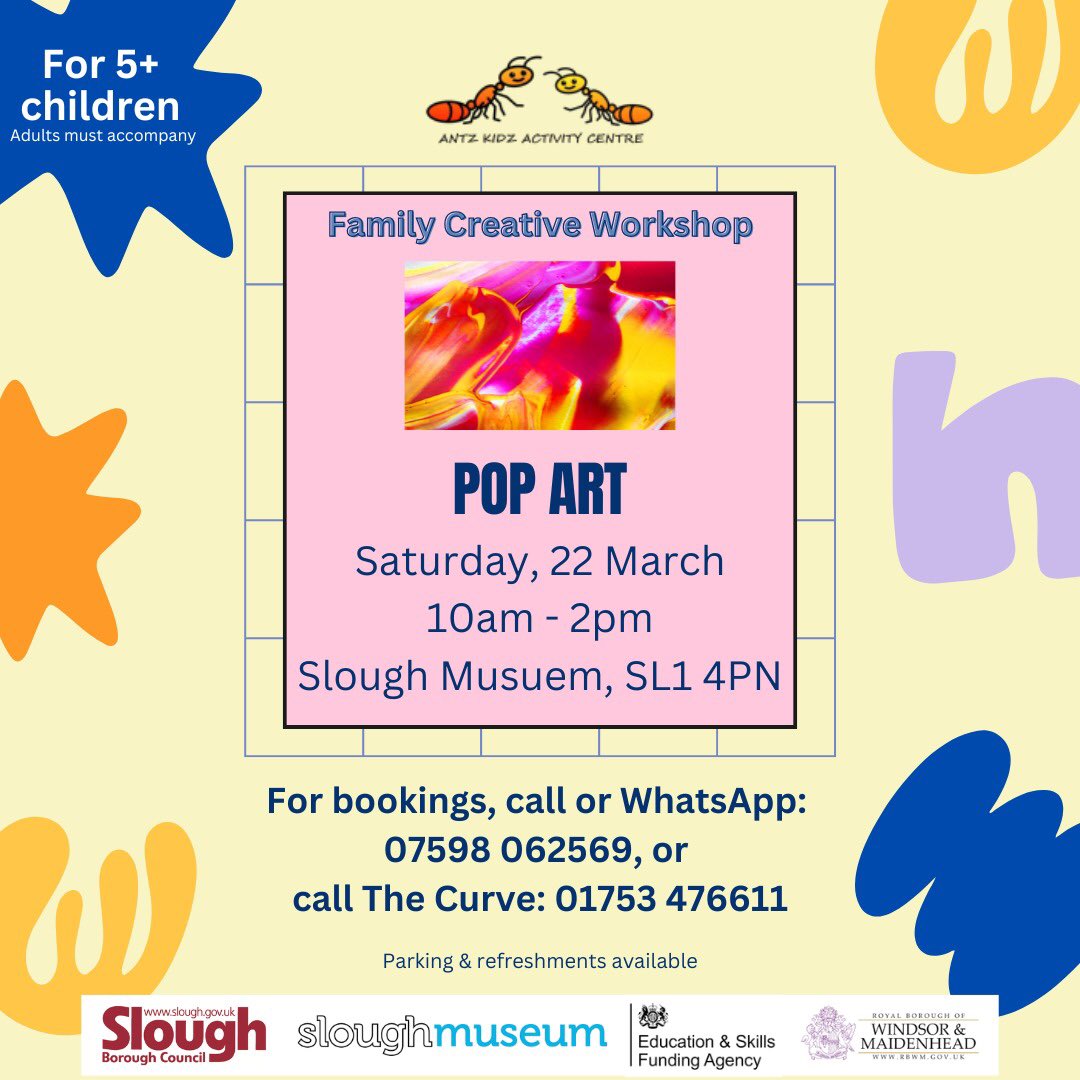 🎨✨ Get creative with the family at our POP ART workshop! 🎨✨

Book your spot now! 📲 Call or WhatsApp 07598 062569 

#FamilyFun #PopArt #CreativeWorkshop #SloughEvents #ArtForKids #WeekendPlans

<a href="/SloughCouncil/">Slough Borough Council</a> <a href="/sloughobserver/">Slough Observer</a> <a href="/SloughMuseum/">Slough Museum</a> <a href="/ExpressSeries/">SloughWindsorExpress</a>