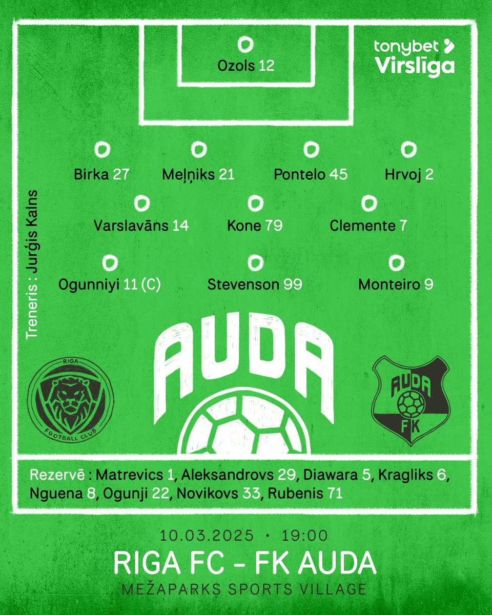 FKAuda's tweet photo. Mūsu sastāvs šī vakara duelim pret @RigaFC_Official 📝
Spēles tiešraide TV4 un One Football platformā 📺
Uz priekšu, FK AUDA 🟢⚫️
#RIGAUD #FKAuda #TonybetVirsliga https://t.co/211IdMJ6yJ