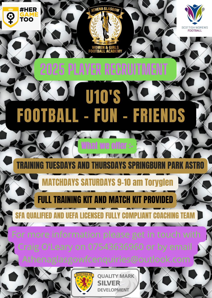 athena_glasgow's tweet photo. We have the last couple of places remaining at our U10s team!

Don't miss out, get in touch!!💜💚⚽️ https://t.co/bssyzs8uaQ
