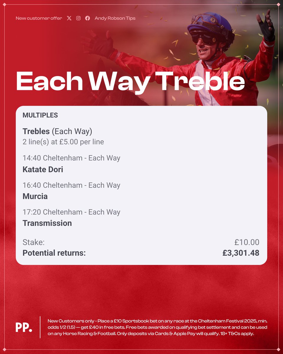 AndyRobsonTips's tweet image. 🏇 643/1 Cheltenham Day One E/W Treble

Load bet: bit.ly/D1-EW-Acca

Join Paddy Power below, place £10 on my Treble and you will get £40 in Free Bets

Claim offer: bit.ly/Bet10-Get40-

♥️ Tap LIKE if you’re on

18+, T&amp;amp;Cs Apply. Ad.