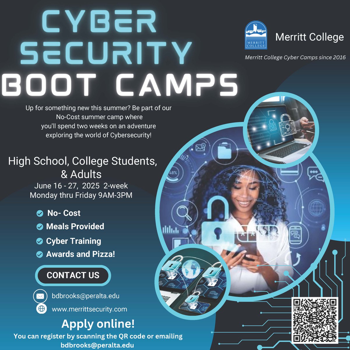 ACWDB's tweet photo. Explore the world of #Cybersecurity this summer by attending the #nocost boot camp @MerrittCollege. Programs are open to youth, students and adults.
See flyer for details, contact bdbrooks@peralta.edu for inquiries https://t.co/3ErHJZv5aj