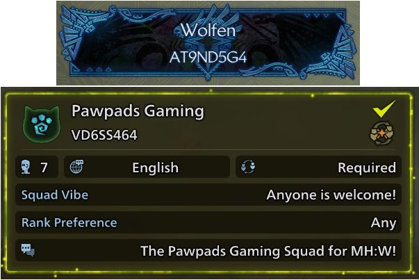 Wolfen_Eson's tweet photo. If anyone would like to add me on MH:Wilds, heres my friend code plus the Pawpads Gaming Squad code! https://t.co/t3Ikfy1Wq1