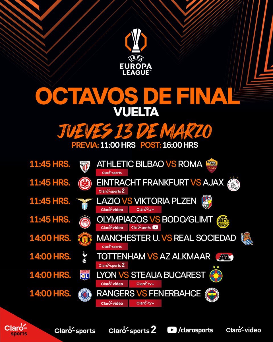 ClaroSportsCAM's tweet photo. ¡POR UN BOLETO A CUARTOS!🔥

Se definen los 8vos de final de la #EuropaLeague, donde solo 8 equipos lograrán avanzar a la siguiente fase del torneo, para seguir soñando con el título.🤩

Disfruta estos duelos de vuelta, EN VIVO y EN EXCLUSIVA para Centroamérica, por #ClaroSports. https://t.co/3Tt8kYxqBl