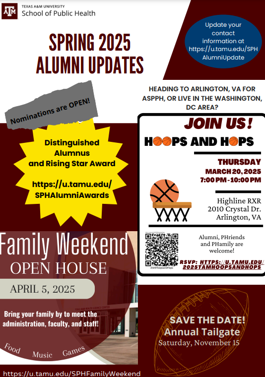 TAMU_SPH's tweet photo. Here are some Spring 2025 updates from the School of Public Health!
#12thForHealth https://t.co/qKBkdrTEDj