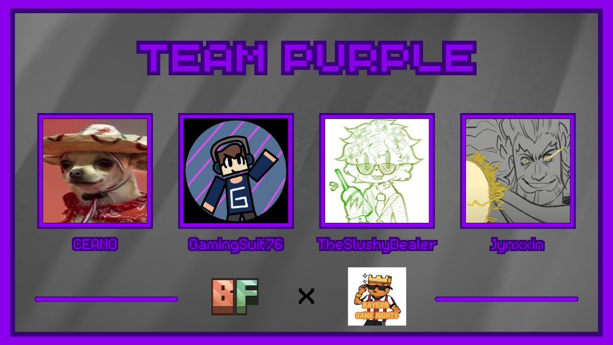 Annoucing The Purple Team 

<a href="/CEAN0notreal/">CEAN0</a> <a href="/GamingSuit76/">Gaming Suit</a> <a href="/TheSlushyDealer/">Slushy 👑</a> <a href="/Jynxxin/">Jynx</a>