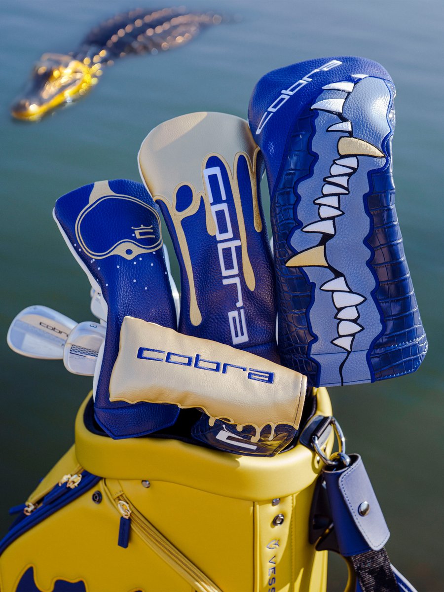 CraftyCreative's tweet photo. What would happen if a Florida gator ate the Player's trophy? This @cobragolf collection drips with gold and utilizes the color palette of golf's unofficial fifth major of the year.

#CobraGolf #FifthMajor #ThePlayers #TPCSawgrass #GolfHeadcovers #LimitedEdition https://t.co/yX0d4fZ2UW