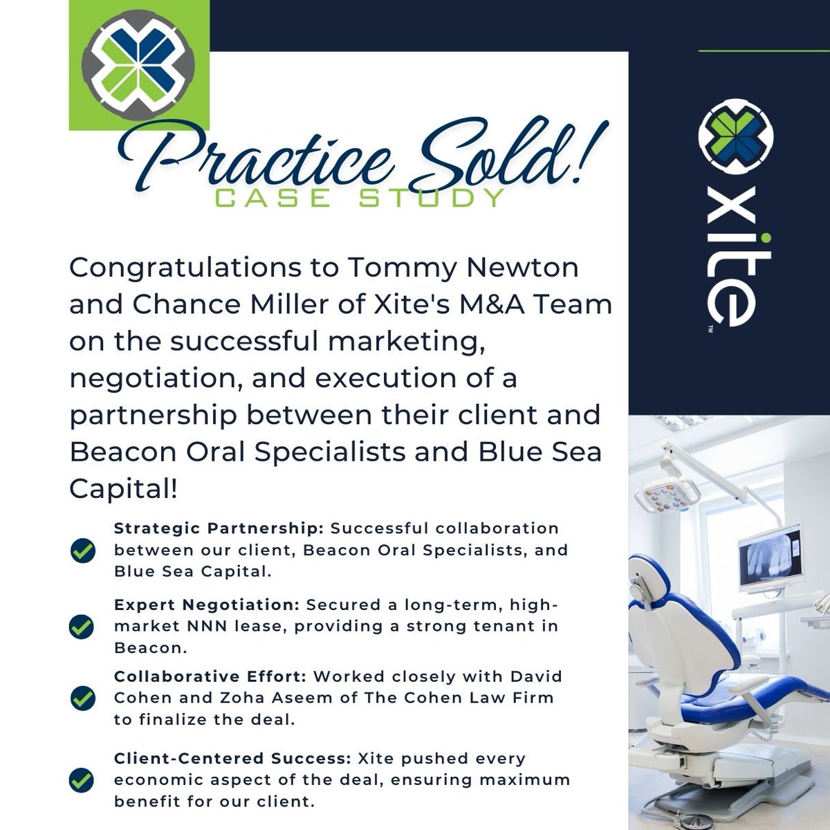 XiteRealty's tweet photo. Congratulations to Xite's M&amp;A Team on the successful negotiation, and execution of a partnership between their client and Beacon Oral Specialists and Blue Sea Capital! 

What can Xite do for you? -> https://t.co/TUKtyT9dSz

#xitepracticesales #healthcareacquisitions https://t.co/TBzDrltZO1