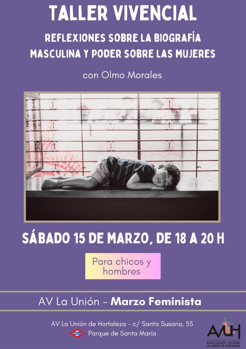 ¡Atención,chicos!
Si te preguntas qué supone la igualdad para los hombres
o
de qué hablamos cuando hablamos de "masculinidad"...
Vente el sábado 15 de marzo, a las 18h, al taller vivencial con Olmo Morales en La Unión.
#marzoFeminista 
#Hortaleza 
#feministasiempre