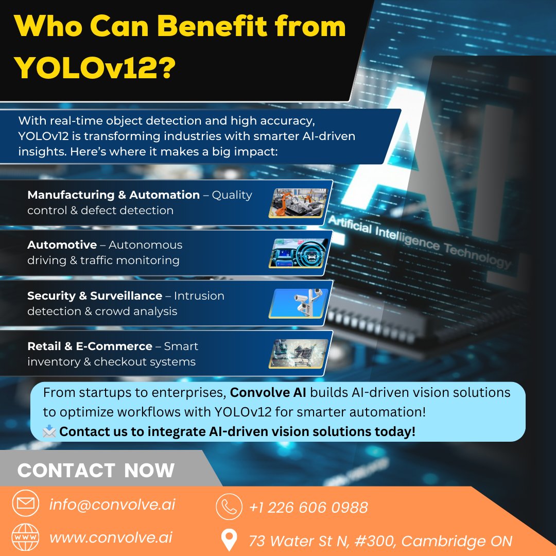 AiConvolve's tweet photo. YOLOv12 is revolutionizing industries with real-time object detection and high accuracy! Here’s how different sectors leverage its power.

#yolov12 #computervision #objectdetection #aiinnovation #automation #machinelearning #deeplearning #autonomousdriving #smartretail https://t.co/tOeGyMqlmW