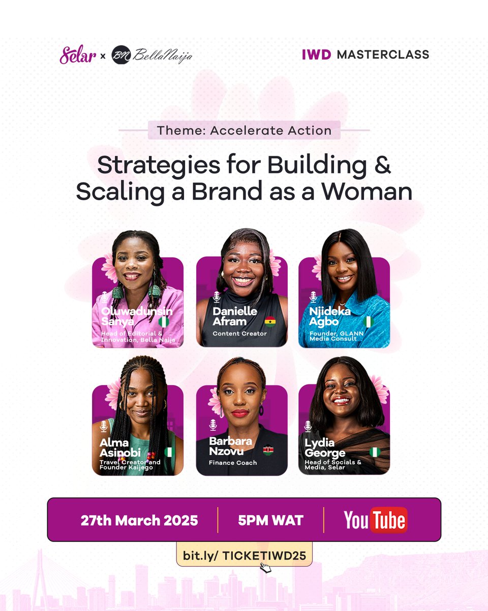 tryselar's tweet photo. Click the Link https://t.co/DiQxJQTgnX to Join Selar and @bellanaija  for an exclusive Women’s History Month Masterclass as media, Content and finance experts share actionable insights on brand growth, content creation, financial management, and media influence.

Building and scaling a brand as a woman comes with unique challenges, but with the right strategies you can be successful.

This session is designed for women looking to expand their impact, refine their business approach, and build sustainable brands.

Speakers:
@almaasinobi  - Travel Creator & Founder @Kaijego 
@aframdanielle - Ghanaian Content creator
@budgetnke - Keynan Finance Coach
@ingydeca- Founder GLANN Media Consults 
Oluwadunsin Sanya - Head of Editorial & Innovation, Bella Naija 

Date: March 27, 2025
 Time: 5 PM WAT
 Location: Live on YouTube
Grab a seat: https://t.co/DiQxJQTgnX