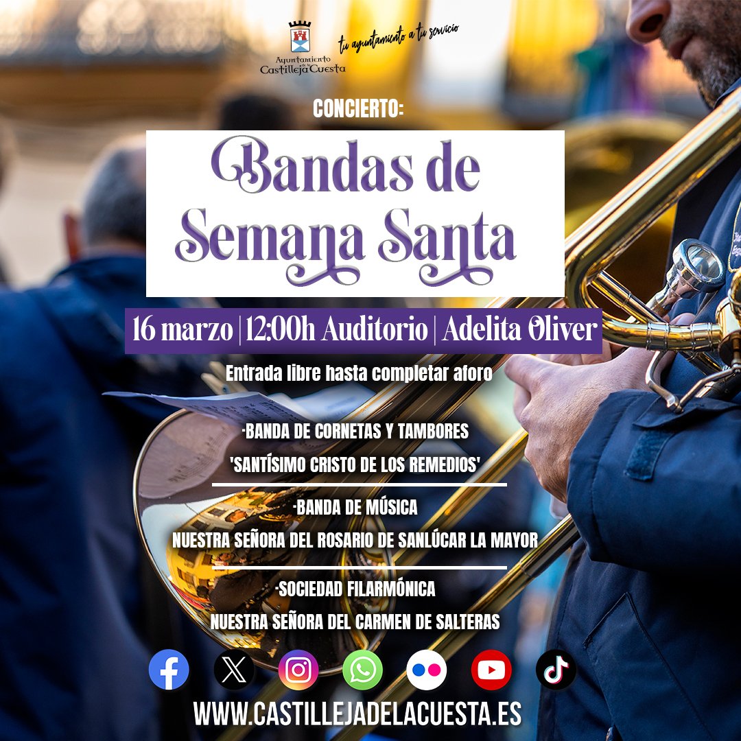 CastillejaCta's tweet photo. 📢 ¡Os esperamos este domingo, a las 12.00h, en el Auditorio Adelita Oliver con un magnífico concierto de bandas de Semana Santa! 

¡Entrada libre hasta completar aforo! 

#SemanaSanta2025 https://t.co/z5Vrwrr5P4