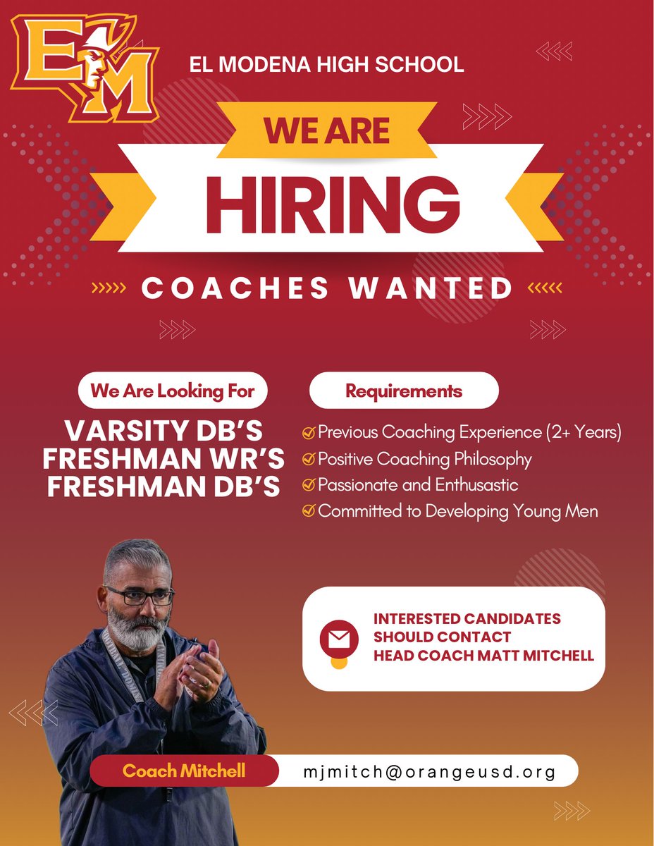elmodenafb's tweet image. El Modena football is looking for coaches in the following areas: 

Varsity DB’s
Freshman WR’s 
Freshman DB’s

Interested coaches should reach out to Matt Mitchell, at mjmitch@orangeusd.org or send us a DM 

@ocvarsity @ocvarsityguy @SteveFryer @chriscfore @emfb_mitchell