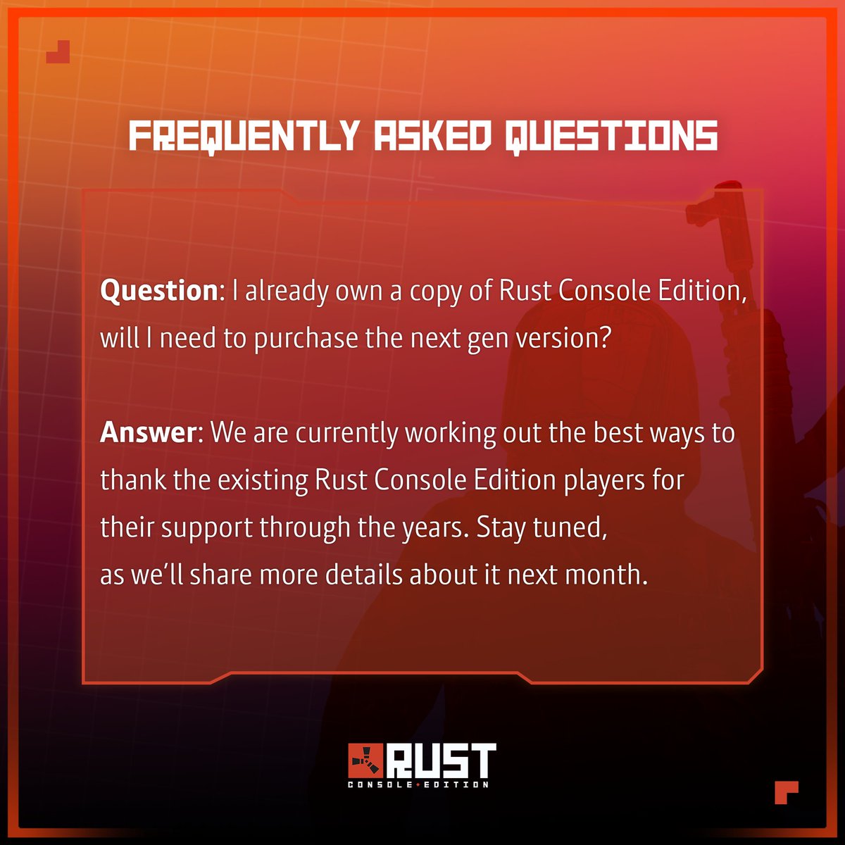 playrustconsole's tweet image. We've received quite a lot of questions since the big reveal, here's the most popular question to begin with!

Stay tuned, we'll be answering some of the most frequently asked questions in the coming days.