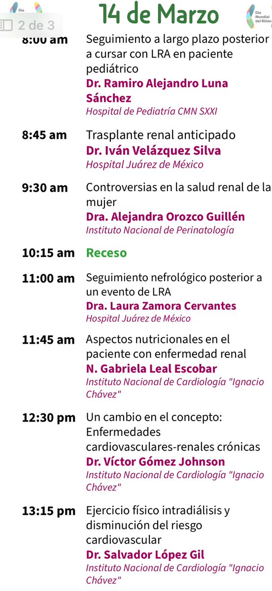 El servicio de Nefrología <a href="/HospitalJuarezM/">Hospital Juárez de México</a> invita al personal de salud al curso Día mundial del riñón: “Detección temprana y nefroprotección”
🗓️ 12, 13 y 14 de Marzo 
⏰ 8:00 a 14:00 hrs 
Modalidad: Híbrido y gratuito 
🎖️AVALADO POR EL CONSEJO MEXICANO DE NEFROLOGÍA A.C🎖️