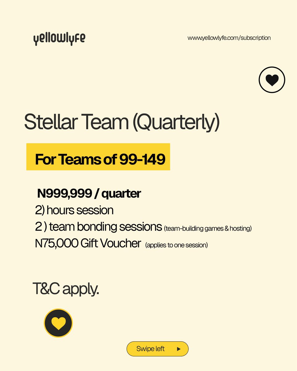 yellowlyfehq's tweet photo. Did you know YellowLyfe offers subscription plans for team bonding?
We’ve made it simple to organize team bonding activities on a quarterly or yearly basis.
Send a dm to YellowLyfe for more details!
#yellowlyfe https://t.co/hlMycgBlsN