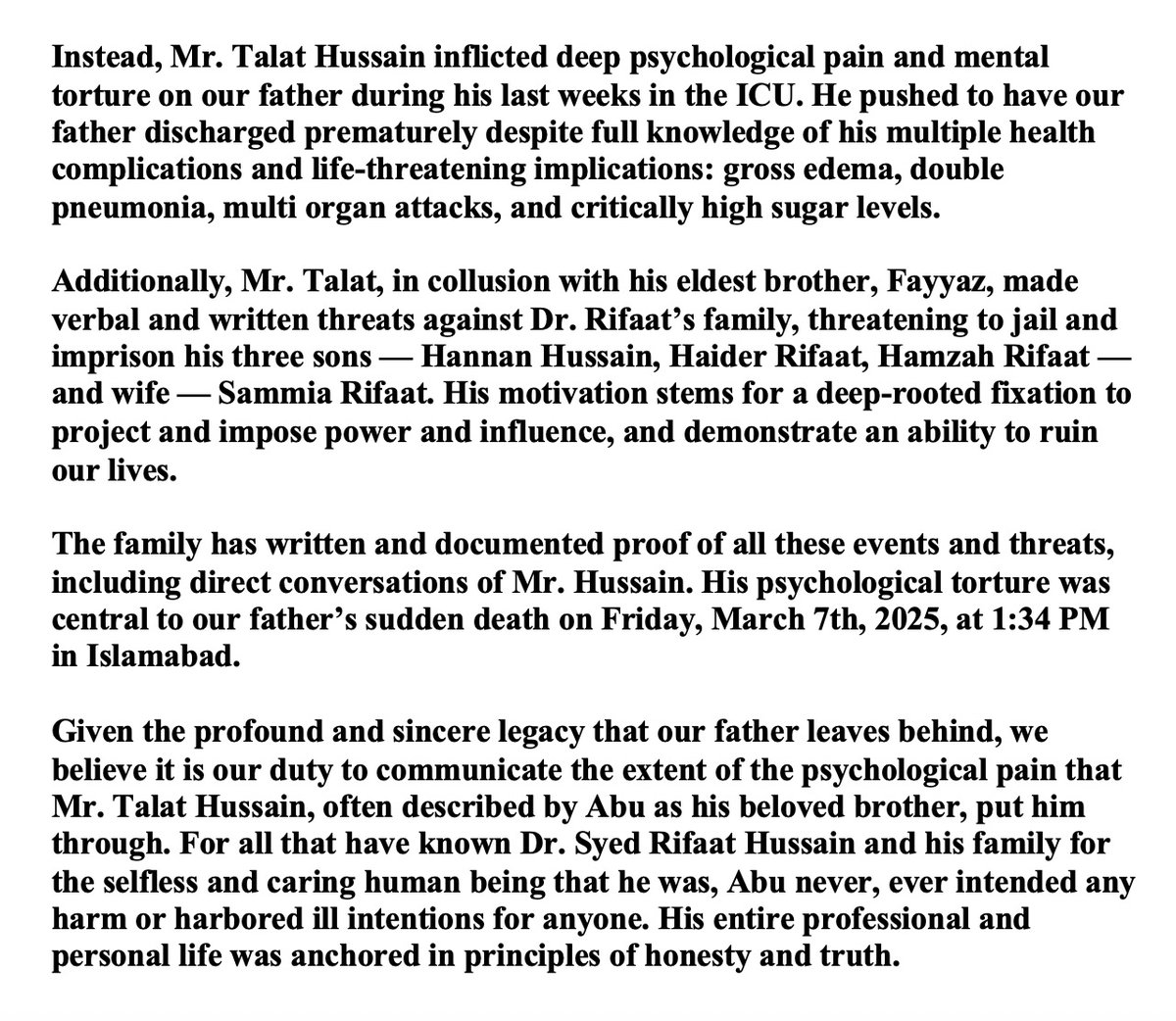 RifaatHussain7's tweet photo. FAKE NEWS | Message from the late Dr. Syed Rifaat Hussain’s family on @TalatHussain12 

#truth https://t.co/npuoEX1r2X