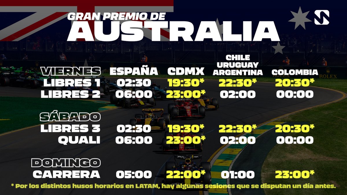 🏁 H O R A R I O S 🏁

¡Vuelve la Fórmula 1! El Gran Circo arranca de nuevo y lo hace regresando a Melbourne para la primera cita del año: llega el Gran Premio de Australia 🇦🇺

Madrugón histórico hasta para ver los libres. Hágase.

Comparte los horarios, salva una vida.