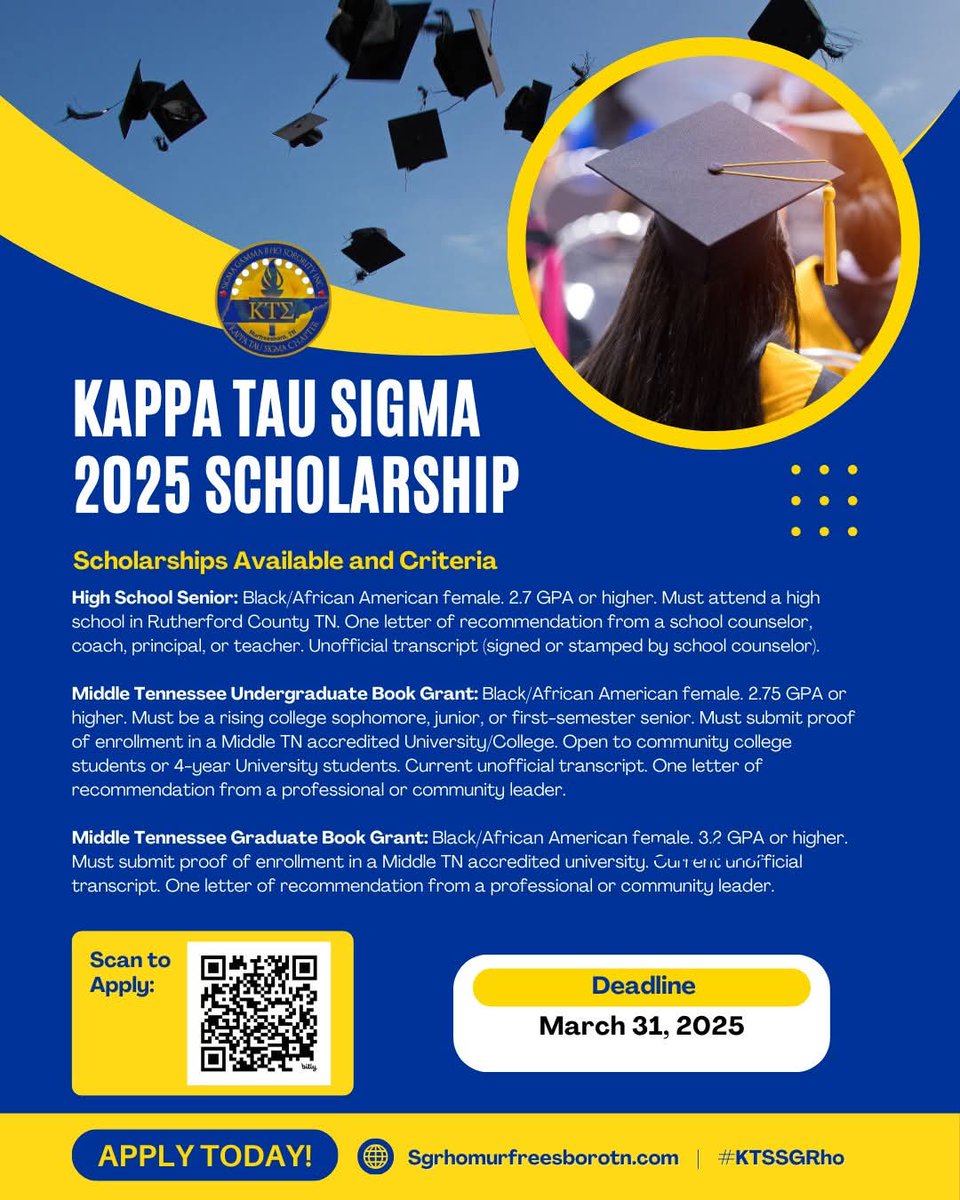 Kappa Tau Sigma $500 scholarship for Black/African American females with GPA 2.7 or higher. Apply by March 31st - docs.google.com/document/d/1RN…