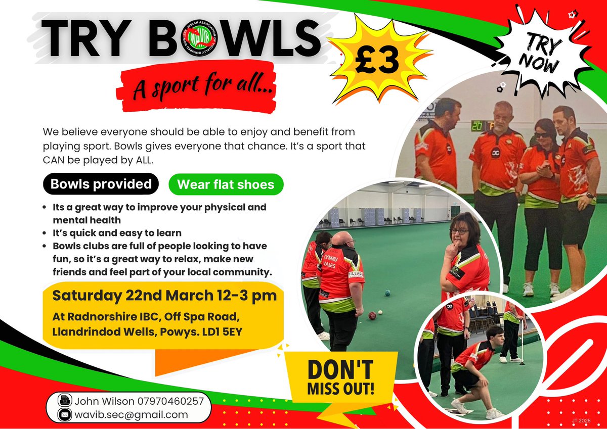 Exciting news 🗞️ 
Para Bowls Open day to be held at Radnorshire Indoor Bowls Club on Sat. 22 March from 12-3pm. Bowls provided. Just wear flat shoes.
Please encourage anyone you know with a vision impairment or physical disability to come along &amp;give bowls a try.  Spread the word