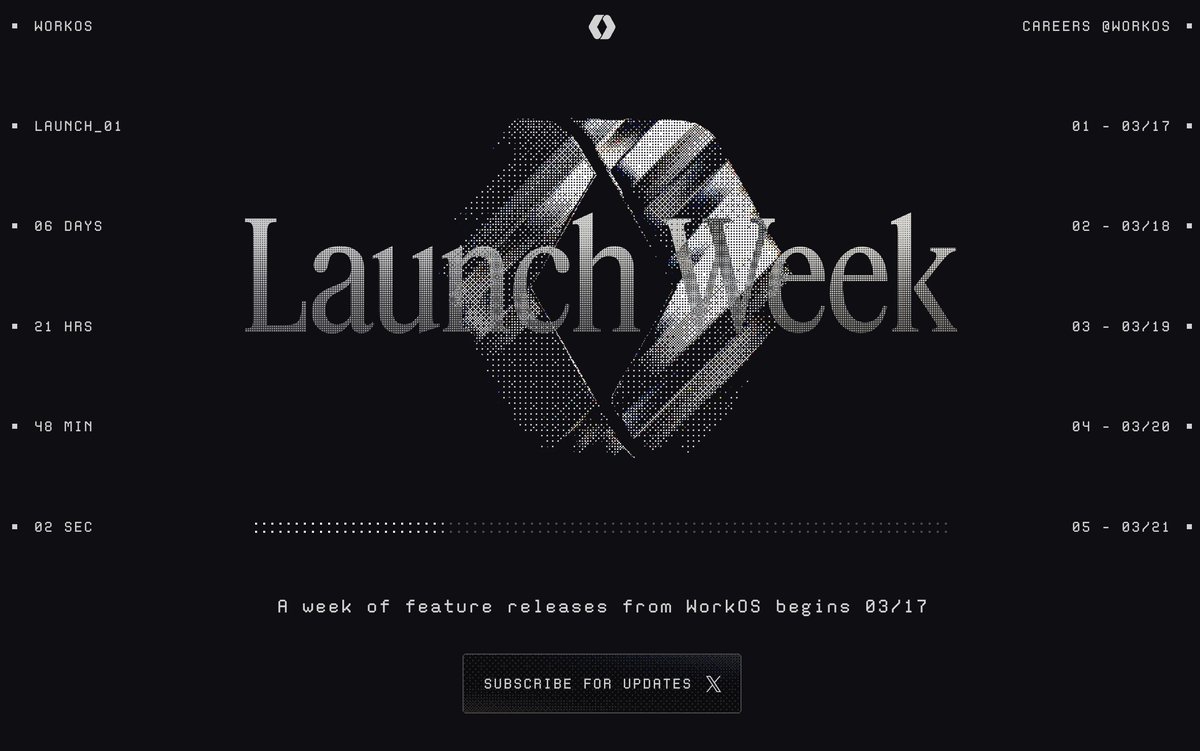 grinich's tweet photo. ✨ WorkOS Launch Week ✨

🚀 5 days of major new products and features
🗓️ March 17 to 21
🔗 Link in thread
