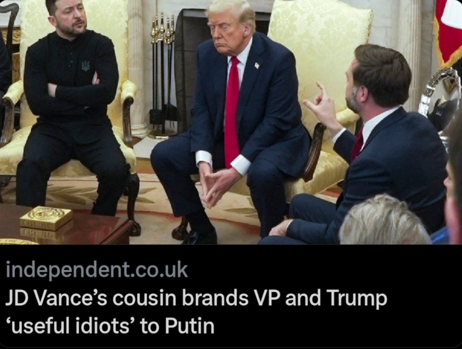 MrLachris's tweet image. JD Vance’s cousin - who volunteered in Ukraine - brands VP and Trump ‘useful idiots’ to Putin.
‘Donald Trump and my cousin clearly believe they can placate Vladimir Putin. They are wrong,’ Nate Vance says independent.co.uk/news/world/ame… #DonaldTrump #JDVance #PutinsPuppets