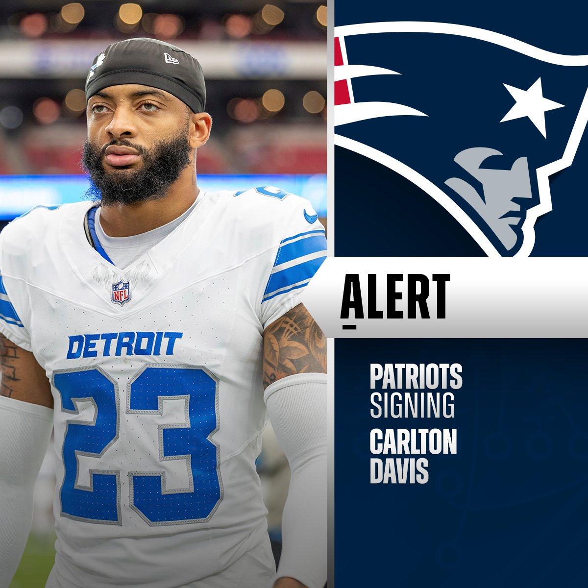 NFL's tweet photo. CB Carlton Davis agrees to 3-year, $60M deal with the Patriots. (via @TomPelissero) https://t.co/n2hxuIHrJk