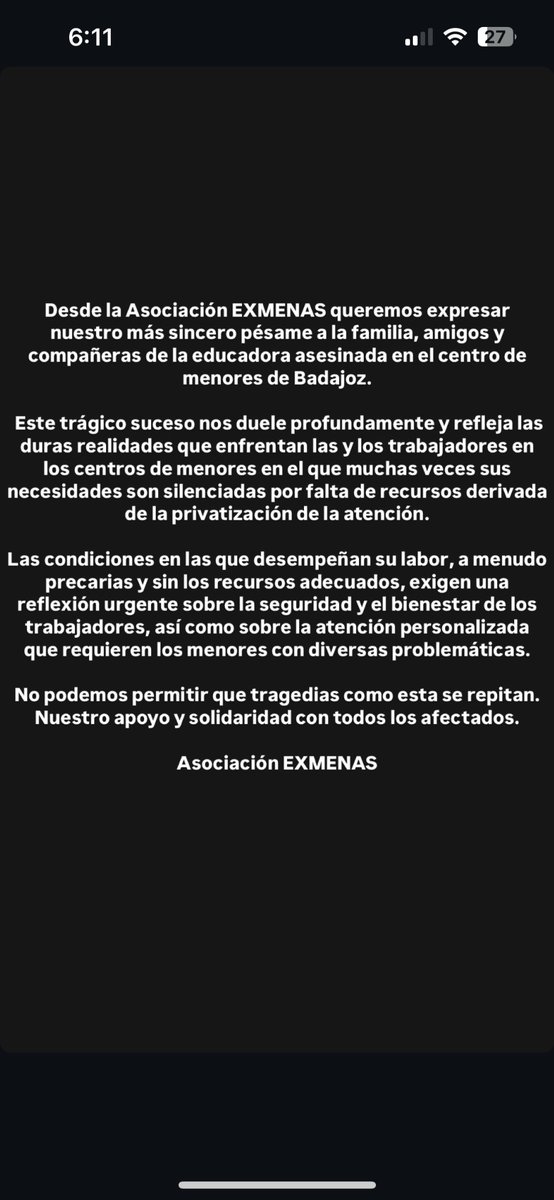 Nuestro más sincero pésame a todas las personas cercanas de la educadora asesinada en Badajoz. 
Esto no debería de repetirse nunca mas