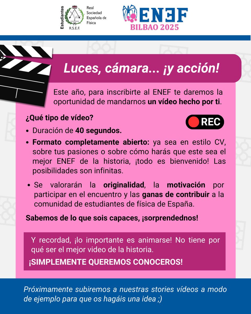 EstudiantesRSEF's tweet photo. 🙌¡LAS INSCRIPCIONES DEL #ENEF25 YA ESTÁN ABIERTAS!🙌

📝 Esta vez te dejamos mucho tiempo para inscribirte, así que... ¡haz que tu solicitud destaque! ✨Puedes incluir un vídeo corto explicando por qué tienes tantas ganas de asistir🎥😁

🔗 Link: https://t.co/spBPP8ONri https://t.co/mq6O0i1VIU