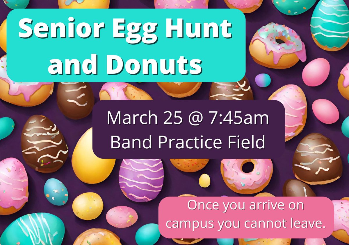 ParkwoodHSNC's tweet image. 🐣🎉 Seniors, get ready for the Egg Hunt &amp;amp; Donuts! 🍩 Join us Tue, Mar 25 at 7:45 AM on the Band Practice Field for candy, prizes, and treats! 🎁 Hunt starts at 8 AM sharp. Donut Shack will be there! 🚗 Stay on campus once you arrive! #SeniorFun #EggHunt #PWHSClassof2025